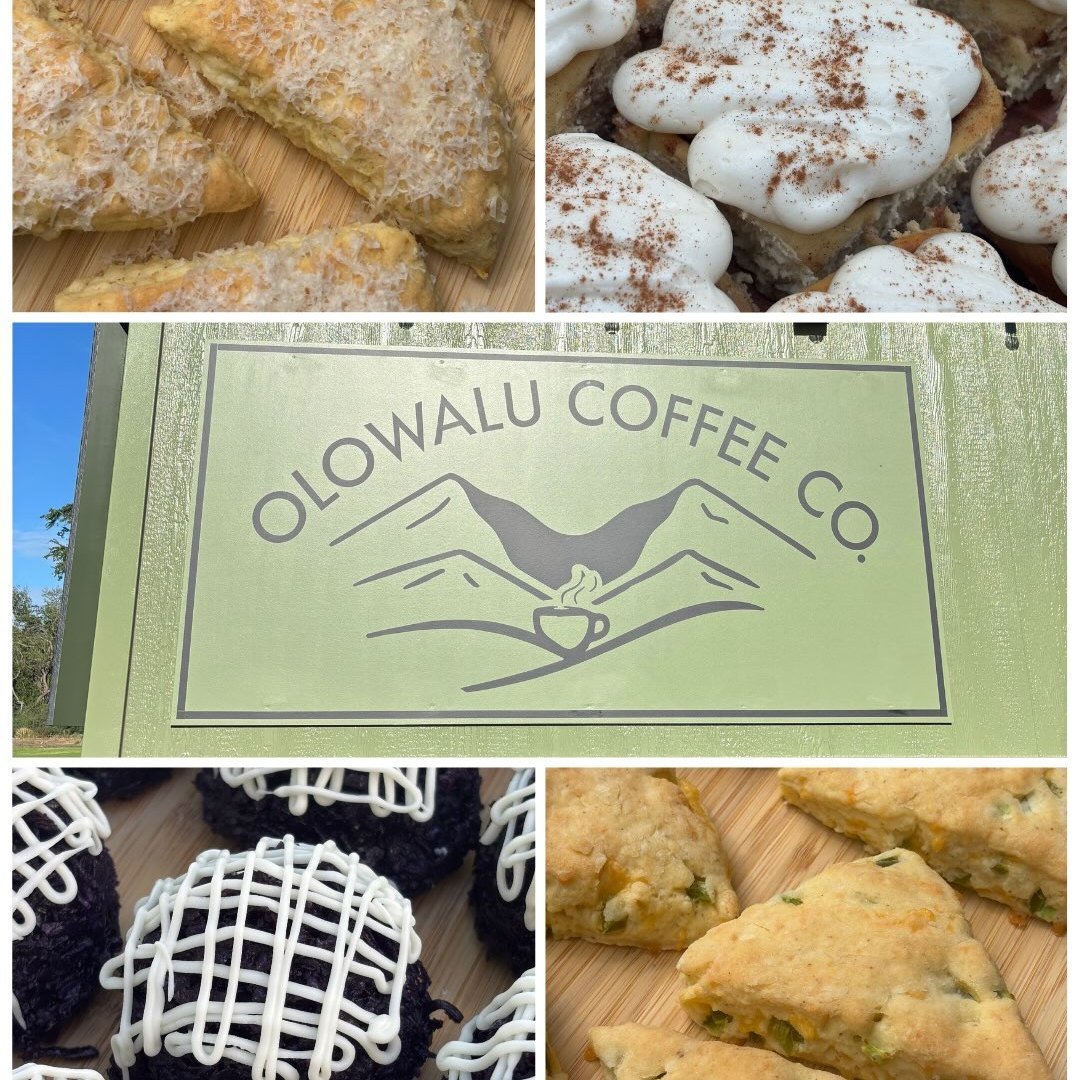 A collage of pastries around the painted Olowalu Coffee Co sign.