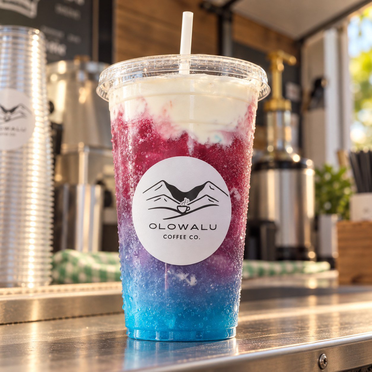 A layered blue and red Blue Razz Cherry Dirty Alani in an Olowalu Coffee Co cup.