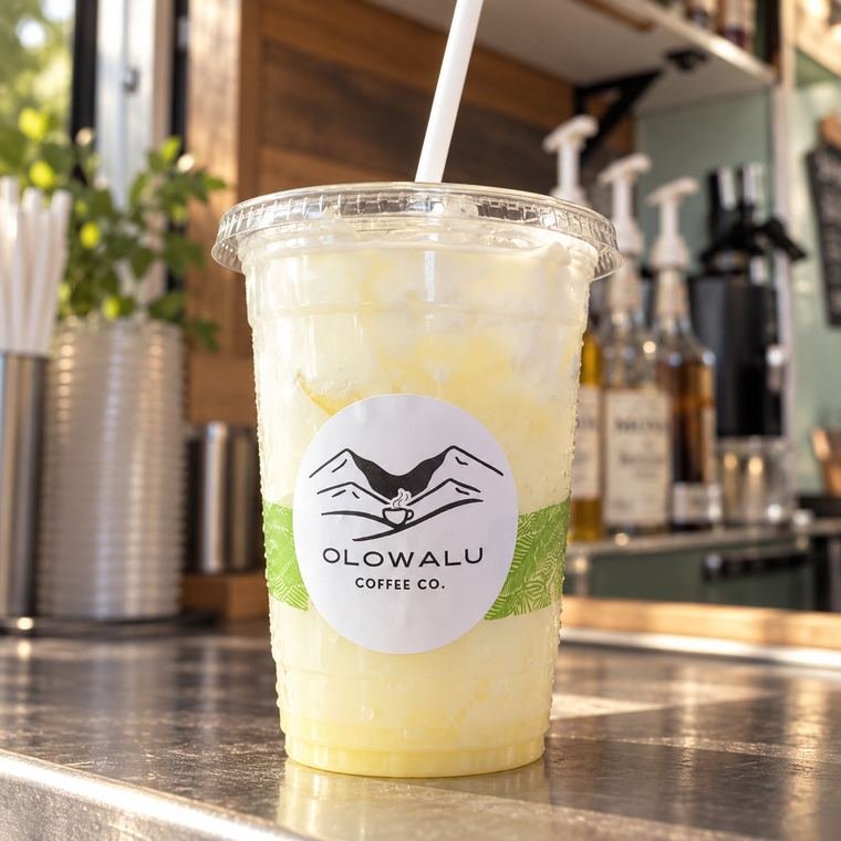 A pale yellow Italian soda in an Olowalu Coffee Co cup.