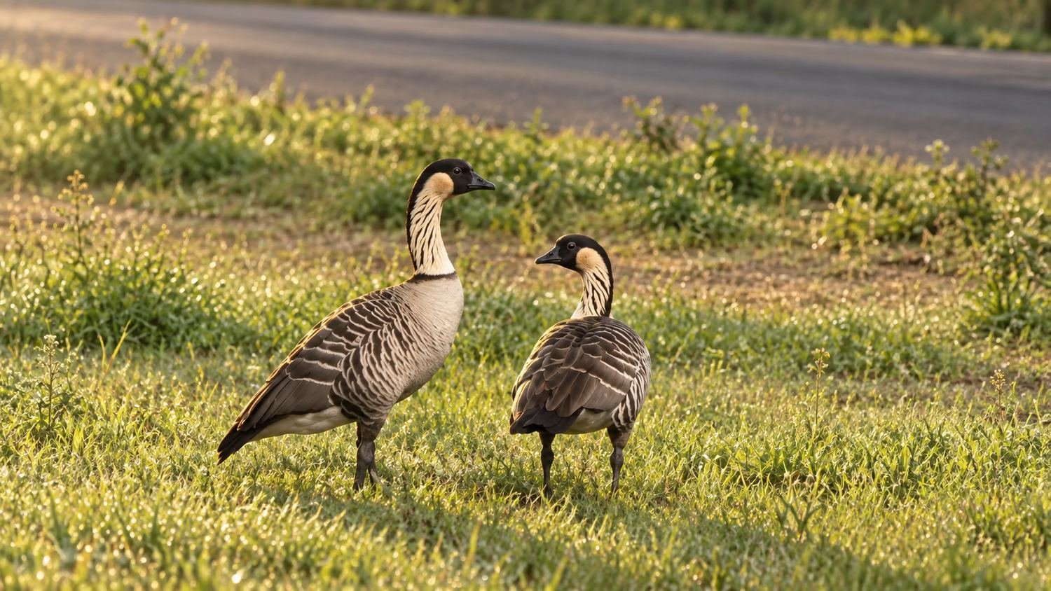 Two nene, the Hawaiian goose, walking on the grass beside the road at the trailer.