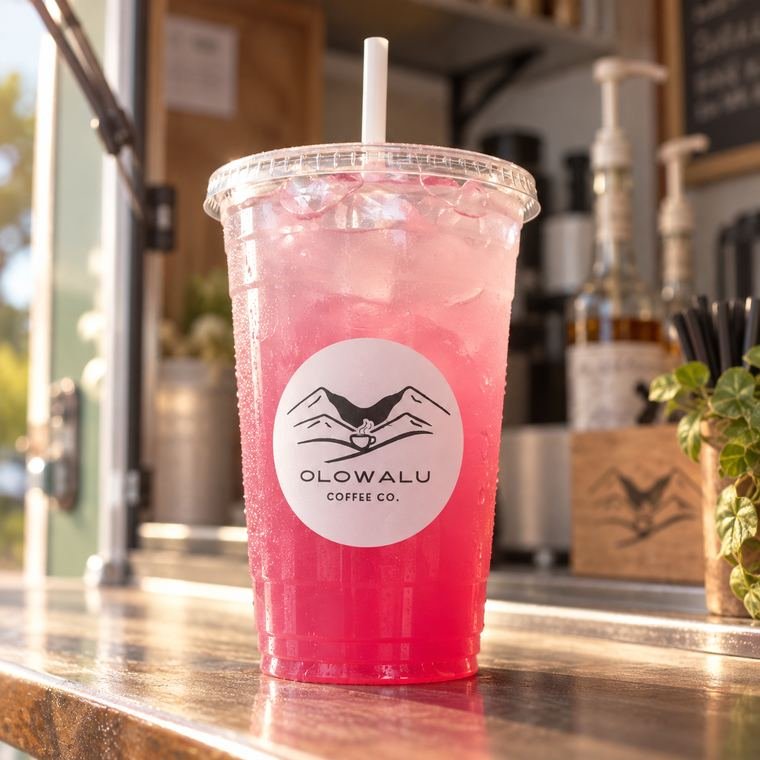 A bright pink lemonade in an Olowalu Coffee Co cup.