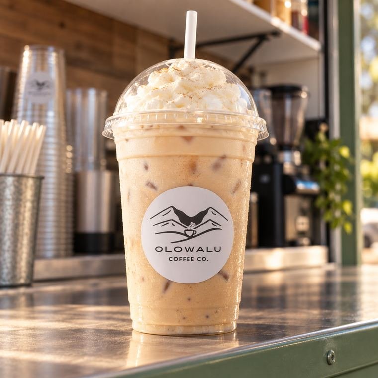 An iced pumpkin chai with whipped cream in an Olowalu Coffee Co cup.
