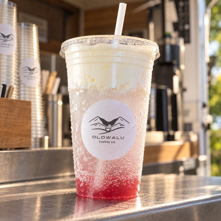 A layered strawberry and cream drink in an Olowalu Coffee Co cup on the service counter.