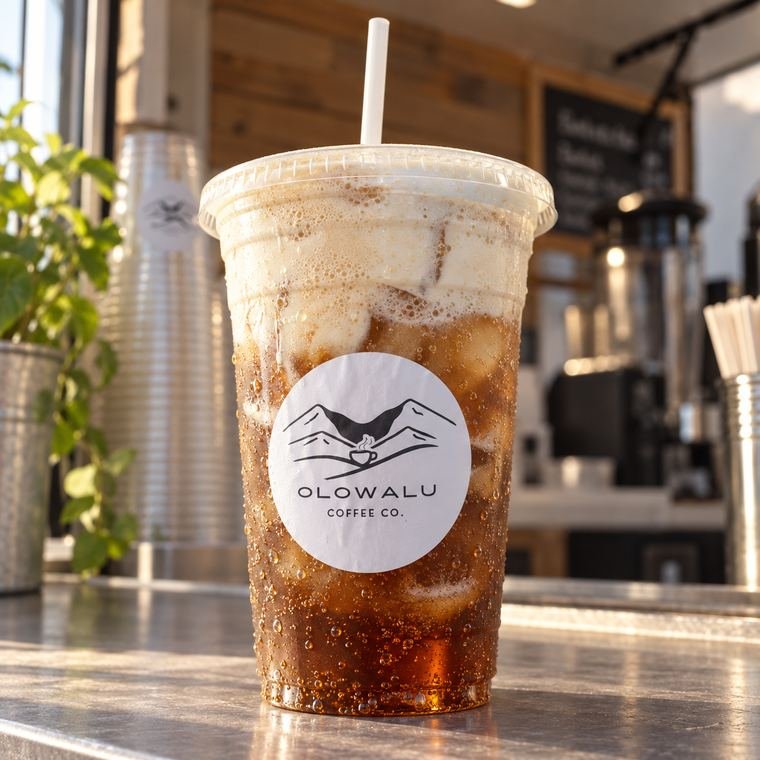 A dark vanilla dirty soda over ice in an Olowalu Coffee Co cup.