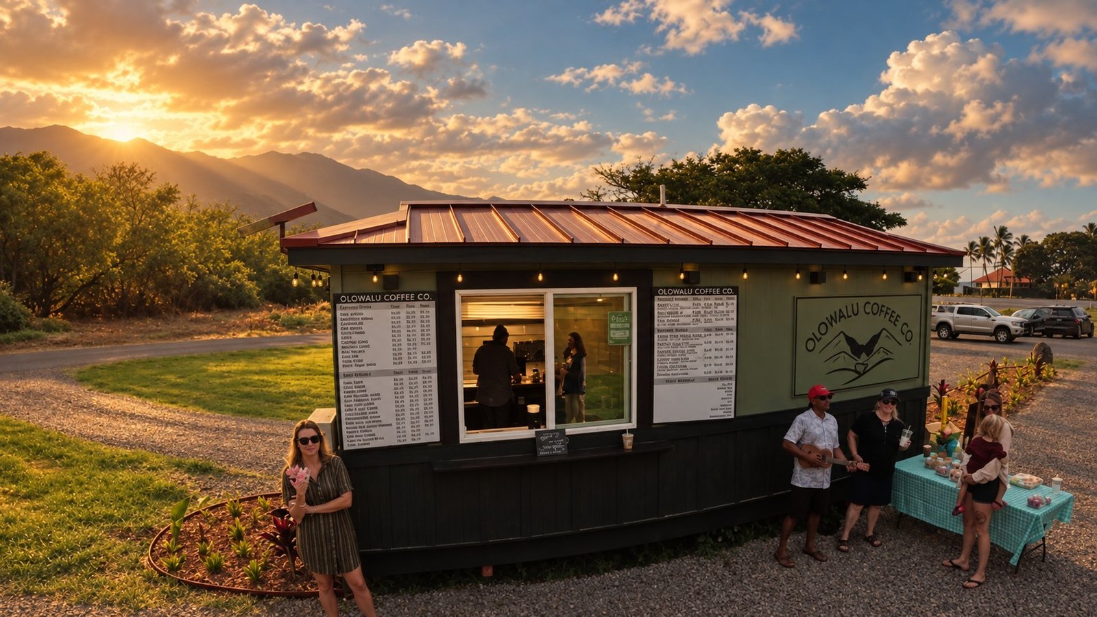 A crowd gathered at the Olowalu Coffee Co trailer at sunset, customers and a musician celebrating opening day.